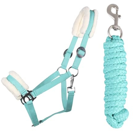 JA Horse Kunstfell Halfter Führstrick Set mit Karabinerhaken verstellbar Pferdehalfter Pferd Holzpferd Anbindestrick (Aqua, Cob)