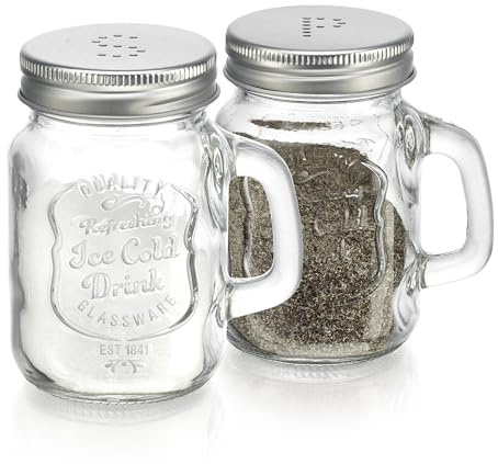Salt and Pepper Shakers Set – Mason Jar Salt and Pepper Shakers with Stainless Steel Lids & Handles, Clear Glass Farmhouse Kitchen Decor, BPA Free, 5 oz Each, Perfect Pour for Home & Restaurant Use