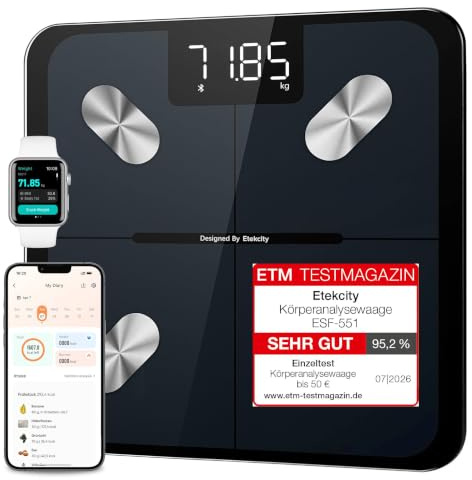 Etekcity Körperfettwaage aus hochfestem Glas, 0,02 kg Teilung bis 10 kg | Personenwaage mit kostenlosen personalisierten Ernährungs- und Trainingsplänen, rutschfesten Füßen und Multi-User-Modus