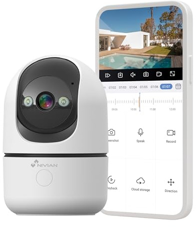 NIVIAN Cámara de Vigilancia Interior 4G Tarjeta Datos incluida 3MP SuperHD 2K – Visión Nocturna, Detección IA de Humanos, Auto-Seguimiento, Audio Bidireccional, Movimiento 350°, Control App EseeCloud