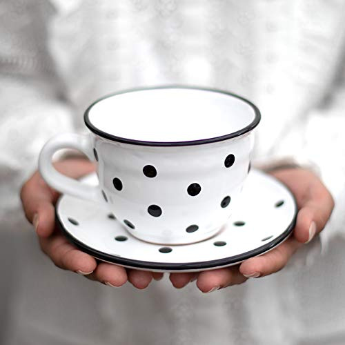 City to Cottage - Keramik Kaffebecher Teetasse 350 ml, Weiß und Schwarz Polka Dots Handgemacht Kaffeetasse mit Untertasse, Cappuccino Tasse