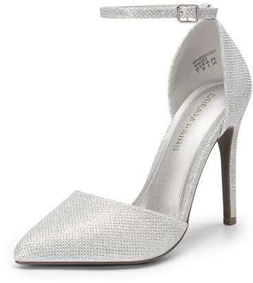 DREAM PAIRS Women's Oppointed-Lacey Pointed Toe Ankle Strap High Heel Stiletto Pumps Wedding Dress Shoes,Size 8,Silver/Glitter,Oppointed_Lacey