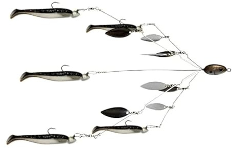 Fishing Vault Fully Rigged 5 Arms 8 Bladed Umbrella Rig Bass Lure W/Swim Baits and Jig Heads Included