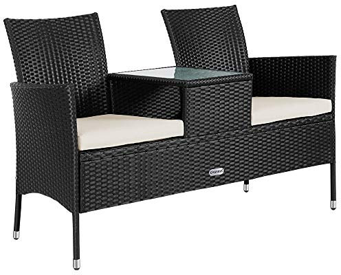 Casaria® Gartenbank Sitzbank inkl. Auflagen Wetterfest Polyrattan 320kg Belastbar Tisch Ablage UV-beständig Garten Balkon Bank 2-Sitzer 143x55cm Schwarz
