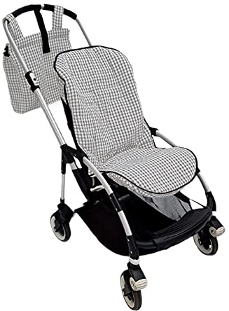 Conjunto PERSONALIZADO colchoneta o funda y bolsa panera para silla carrito compatibles con Bugaboo Bee. Vichy (Gris)