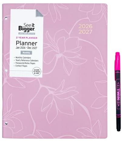 SEE IT BIGGER Home/Office 2-Year Monthly Planner, April 2026 - March 2028, 8.5 x 11 Inches Large Format Premium Papr and SUHEYLA Twin Pen (Floral)