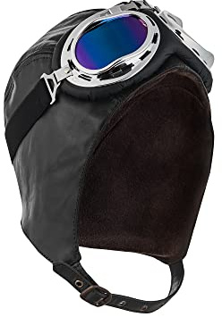 BLUETECH Cabriohaube, Fliegermütze, Cabriomütze, Oldtimerhaube Basic schwarz, mit Cabriobrille Herren Damen Leder Unisex