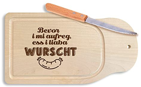 Bavariashop - Brotzeitbrett Bevor i mi aufreg, ess i liaba Wurscht Schneidebrett aus Ahorn-Holz, Frühstücksbrett mit Messer