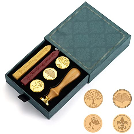 Stempel-Set aus 4 Messing-Stempeln, 2 Stangen aus goldfarbenem und rotem Wachs, Palisanderholz, Vintage-Box für Geschenke, Einladungen, Briefe oder Postkarten