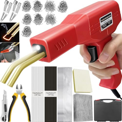 220W Saldatore per Plastica 2 in 1 Saldatrice Plastica, Pistola Saldatura Plastica con 800pcs 6 Tipo Graffette,40pcs Bacchette, 2Pcs Strumento di Levigatura,Kit Riparazione Paraurti Auto (rosso)