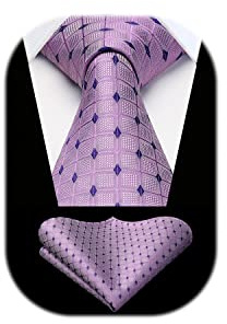 HISDERN Herren Krawatte Hochzeit Lila karierte Krawatten Taschentuch Elegant Klassisch Krawatte & Einstecktuch Set