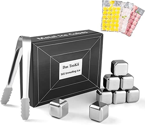 Das TooKii 8-Pack Whiskey Metal Ice Cubes, Stainless Steel Ice Cubes, Reusable Whiskey Stones for Scotch and Bourbon, Barware Tool Set With Ice Tongs, Freezer Storage Tray and Disposable Ice Cube Bags