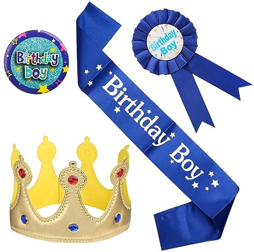 GOTRUST 4PCS Kit di Compleanno Ragazzo Fascia Corona, Birthday Boy Compleanno Cintura Set, Blu Medaglia a Nastro, Decorazioni per Feste di Compleanno, Regali per Ragazzi, XDB2920C003EU
