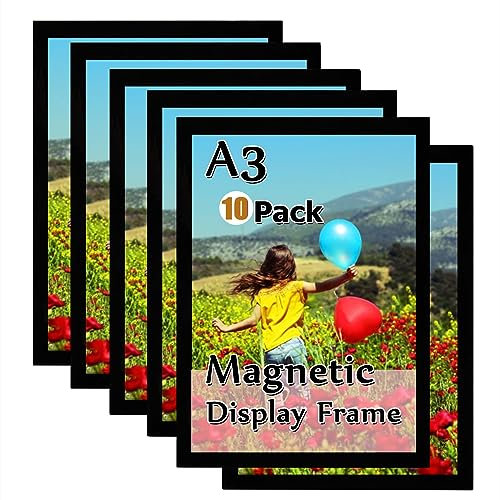 Gocoffun Pictrue Lot de 10 supports magnétiques autocollants pour panneau photo A3 pour la maison, l'école, le magasin, les avis, cadre d'affichage magnétique (noir)