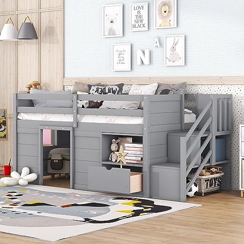 Harper & Bright Designs Twin Size Low Loft Bed with Storage,Wood Kids Loft Bed with Stairs,Loft Bed Twin with Shelf and Drawer Underneath,Space-Saving Twin Bed for Girls Boys,Grey