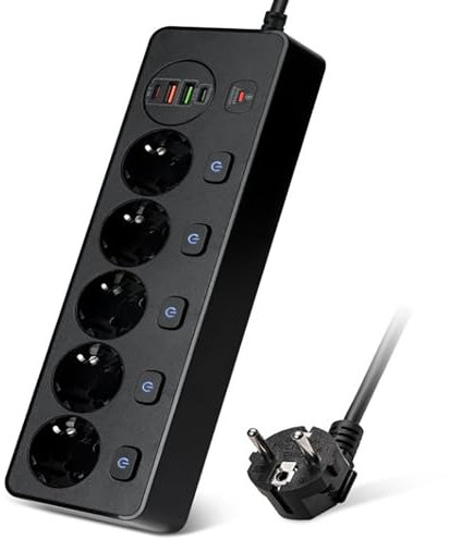 OBEST Steckdosenleiste einzeln schaltbar 5-Fach, Mehrfachsteckdose Steckdosenleiste mit USB, Wandplatte Steckdose (Steckdose mit 5 x Geräteschalter, 2m Kabel, kindersicherung) schwarz