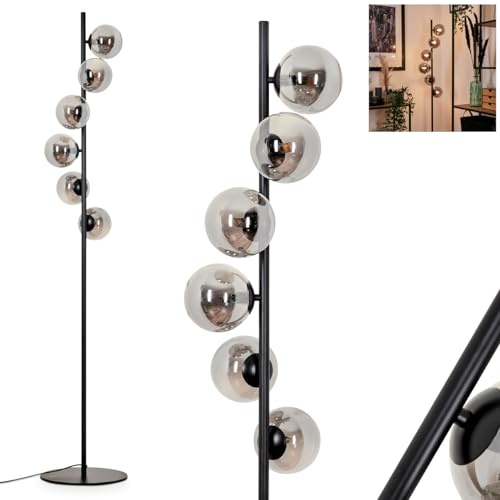 Stehleuchte Remaisnil, Stehlampe aus Metall/Glas in Schwarz/Rauchfarben, Standlampe im Retro/Vintage-Design mit Schirmen aus Glas (Ø 12 cm) u. Fußsschalter, Höhe 160 cm, 6 x G9, ohne Leuchtmittel