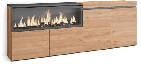Skraut Home | Aparadores para salón | Gran Capacidad de almacenaje | 210 | 4 Puertas | Chimenea eléctrica XXL | Estilo Moderno | Roble