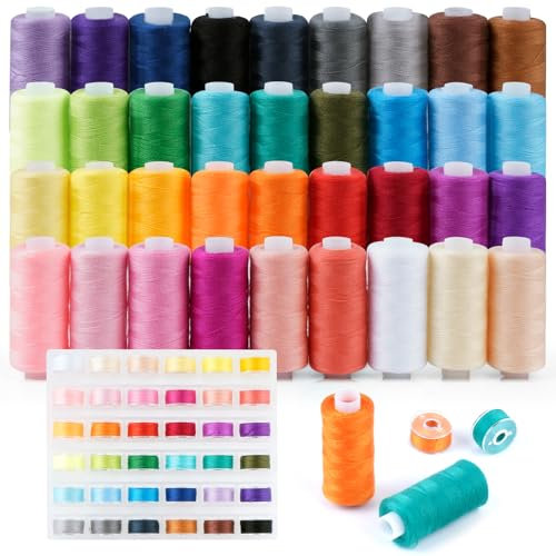 PUWOWYE NäHgarn Set NäHgarn FüR NäHmaschine, 36 Farben 400 Yard Nähmaschinengarn je Garnrollen und 36 Unterfadenspulen Qualitätsgarn Overlock Garn für Overlock, Garn Nähmaschine