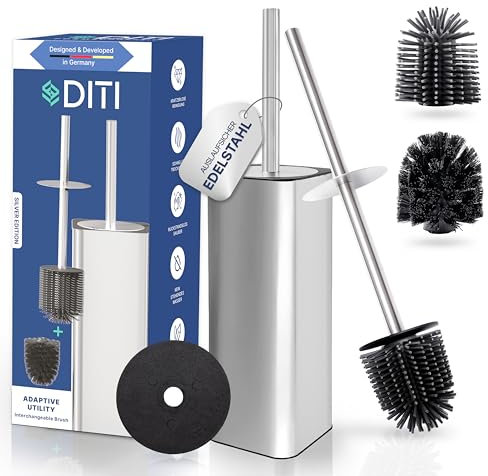DITI Escobilla de baño de silicona plateada mate, acero inoxidable cepillado, escobilla de inodoro cuadrada con soporte, protector contra salpicaduras, incluye cepillos de repuesto, antibacteriano