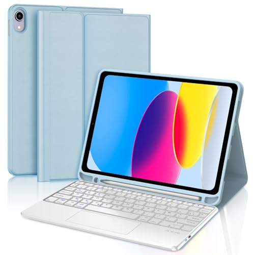 Coque Clavier pour iPad A16 11/10 Ème Generation 2025/2022 11/10.9 Pouces | Pavé tactile, Étui Keyboard Touchpad Détachable Bluetooth sans Fil, AZERTY Français avec Porte Crayon, Bleu clair