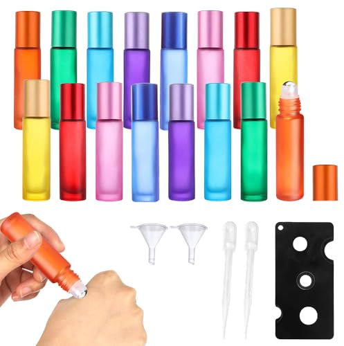 mizikuu 16 Piezas Botellas Roll On Cristal, 10 ml Roll On Aceites Esenciales Multicolor Roller Botellas Rollo de vidrio Botellas Rollon para Perfumes Aromaterapia Masajes
