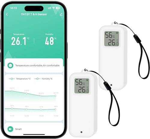 Comboss Thermomètre Hygromètre Capteur - Thermo Hygromètre WiFi Feuchtigkeitssensor avec alerte de notification via application à distance adapté pour serre de jardin et cave à vin (2 pièce)