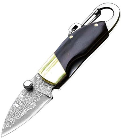 Joa Klappmesser Damast Taschenmesser Klein für Männer | Damaststahl und Ebenholz, Outdoor EDC Messer, Survival Mini Halsmesser, mit Schlüsselanhänger