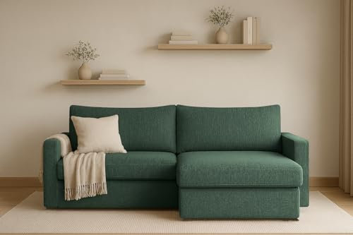 Kaiser Möbel - Ecksofa mit Schlaffunktion und Bettkasten, Wohnlandschaft L Form, Schlafsofa, Bequemes Couch mit Ottomane für Wohnzimmer, Polstersofa, Klappsofa, Lounge-Set L-Form, LUBEKA, Grün, Rechts