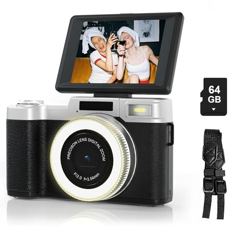 Appareil Photo Numérique 4K Camera vlog 64MP avec WiFi Appareil Photo Compact avec Carte TF de 36 Go Lumière Flash