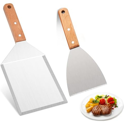 Hongmeru BBQ Griddle Spatula and Grill Scraper Set - Stainless Steel with Wood Handle, Large 2 PCS Set for Outdoor BBQ, Ideal for Pizza, Smash Burger Spatula, Pancake Flipper, Griddle Cooking
