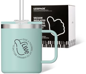 UZSPACE Taza Térmica de Café 500 ml, Vaso Térmico con Pajita, Tapa y Asa, Doble Aislamiento Contiene Té o Café y Mantiene Temperatura 4-6 Horas, Taza Termo para Hogar y Oficina (Azul-Neblina)