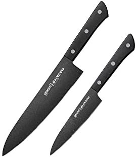 SAMURA Profi Messer Geschenk Set Ultra-scharf, aus japanisch AUS 8 Edelstahl, 18 cm Klingeschwarze Klinge mit Anti-Haft Beschichtung