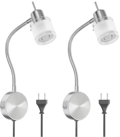 ledscom.de 2 Stück Leselampe MIRAS mit Schwanenhals, Schalter und Stecker chrom matt GU10 Wand-Leuchte 5,473W 468lm 30° warm-weiß