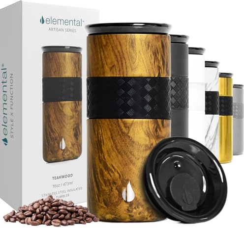 Elemental Artisan Triple Wall Insulated Tumbler – Stainless Steel Coffee Cup with Ceramic Lid – Thermal Travel Mug for Hot(6 Hrs) & Cold(18 Hrs) Drinks – Reusable Coffee Cups(Teak Wood, 473 ml) | Triple Wall Coffee Travel Mug, Reusable Stainless Steel Coffee Tumbler; Thermal Coffee Cups for Hot (6 Hrs) & Cold (18 Hrs)