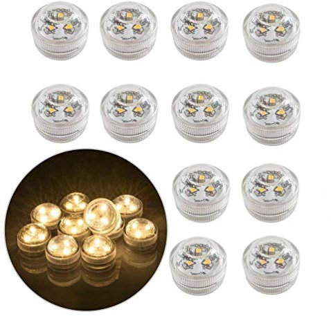 12x Underwater LED Flameless Tea Lights, Battery Operated Submersible Waterproof Decorative Candle Lights for Fish Tank / Pond / Swimming Pool / Wedding / Party (Warm White)