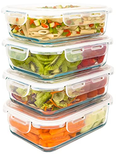 LG Luxury & Grace 4er Packung Glas Frischhaltedosen 1000 ml. Luftdicht. Geeignet für Mikrowelle, Ofen, Gefrierschrank und Spülmaschine. BPA frei.