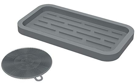Spülorganizer Schwammhalter - Spülbecken Organizer aus biofreundliches Silikon - Deko Grau Küchenorganizer Küchenhelfer mit Stauraum für Küchen Zubehör, Aufbewahrung, Spüle, Schwamm, Löffelablage