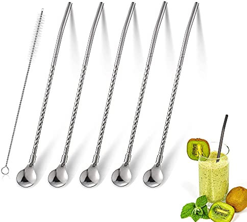 5 Stück Edelstahl Strohhalme Löffel, Strohhalme Löffel Wiederverwendbare Edelstahl Trinkhalme Löffel, Latte Macchiato Löffel Cocktail Löffel und Trinkhalme (Silber)