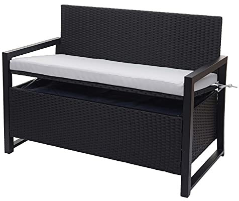 Mendler Poly-Rattan 2er Sitzbank HWC-F39, Gartenbank Truhenbank, Staufach Aufbewahrung Sitzkissen - anthrazit, Kissen grau