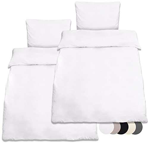 Beautissu 2er Set Renforcé Bettwäsche Set aus Baumwolle mit 2X Bettbezug | 135x200cm Kissenbezug 80x80cm Weiß 4teilige kühlende Sommerbettwäsche mit 2x Kopfkissenbezug Renforce 135x200 4teilig Julie