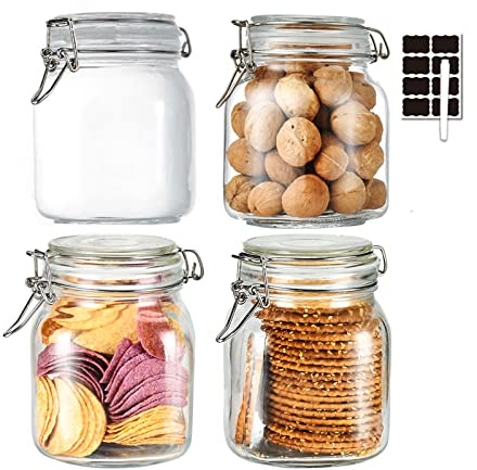 ZALSSKE 32oz Glass Food Storage Jars with Airtight Clamp Lids,Set of 4 Airtight Glass Canister Square- Clear Storage Container for Kitchen Container Storing Sugar, Flour, Cereal,Coffee,Spice…