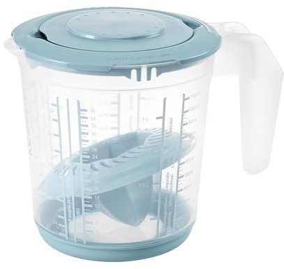 keeeper Set de jarra medidora 4 en 1, Con tapa antisalpicaduras y exprimidor de cítricos, Antideslizante, 1 L, Matteo, 14 x 14 x 15 cm, Azul Nordic