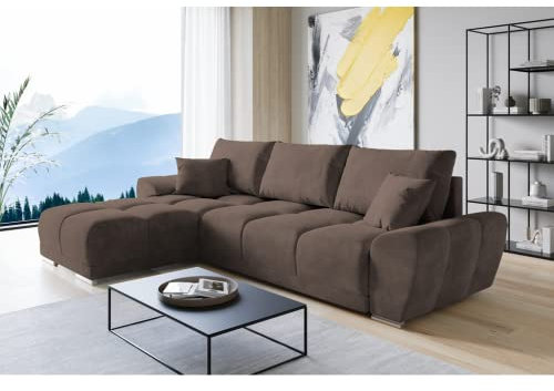 ML Furniture Velvet Ecksofa in L-Form – Braun Sofa – Couch mit Stauraum und Kissen - Ausziehbares Schlafsofa – Sofa mit Schlaffunktion - Schlafsofa mit Bettkasten – Gästebett – 289 x 189 cm