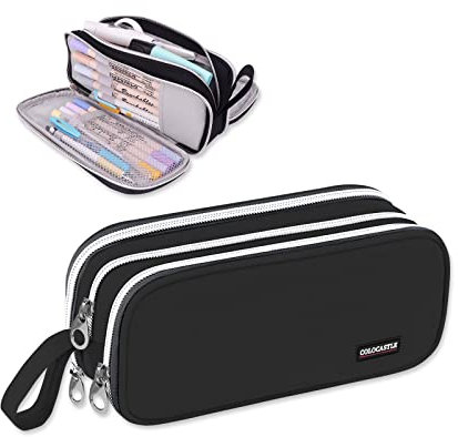 COLOCASTLE Federmäppchen Mäppchen Federmappe groß mit 3 Fächern Federtasche Mädchen Jungen Teenager Pencil Case Schlamppermäppchen für Schule Büro (Schwarz)
