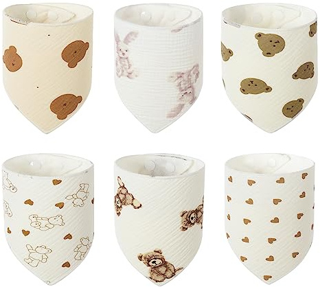 Vicloon Bavoirs Bébé,6PCS Bavoirs Triangulaires 100% Coton Bavoir Bandana pour Bebe avec 2 Bouton Réglable,Doux Absorbant Respirent,pour Unisexes Bebe