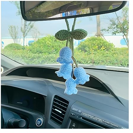JNNJ Autospiegel Anhänger, Gehäkelte Glockenblumen Anhänger, Auto Spiegel Hanging Charms Zubehör Blume Hand Gestrickt Auto Dekor Für Männer- Und Damenzubehör(Blau)