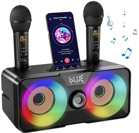 Karaoke Macchina per adulti bambini con 2 microfoni wireless, sistema di altoparlanti Bluetooth cantanti PA portatile con luci a LED per feste in casa, outdoor, matrimoni, chiesa, regali di compleanno