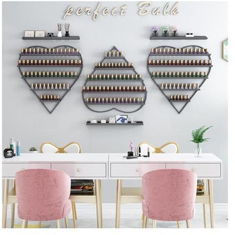 ZBJDX Wandmontiertes Metall Nagellackregal, HerzföRmiges Kosmetikregal, Aufbewahrungsregal FüR äTherische öLe FüR Nagelstudio Und SchöNheitssalon (6 Teiliges Set),Schwarz