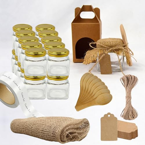 20x Barattolo di Vetro Quadrato 80ml con Coperchio + 20 Scatole + 20 Cucchiai di Legno + 20 Etichette Kraft + 20 Etichette Adesive + Tessuto e Spago di Giuta - Spezie, Confettura, Yogurt